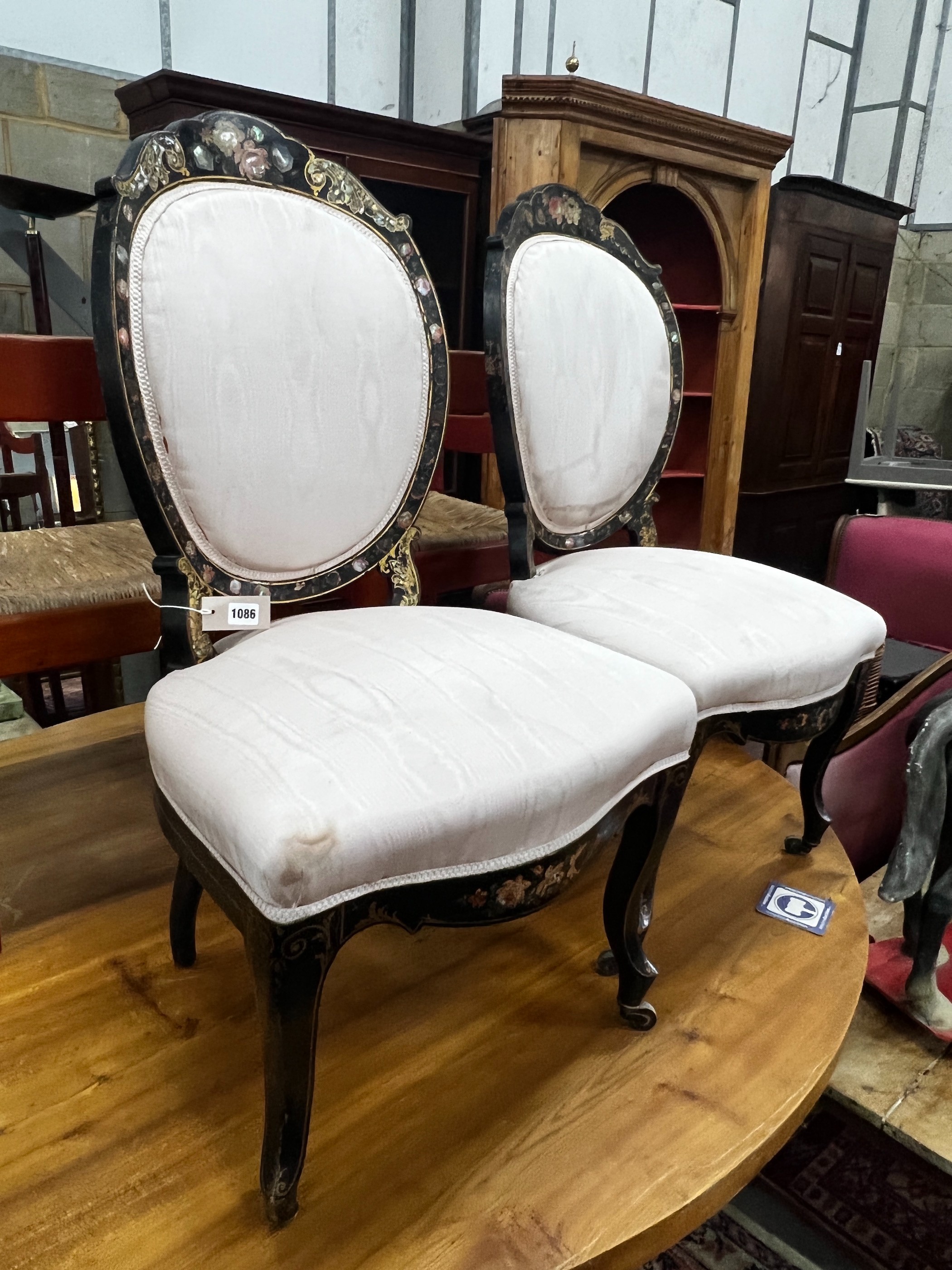 A pair of Victorian mother of pearl inlaid ebonised parcelgilt side chairs, width 52cm, depth 48cm, height 96cm